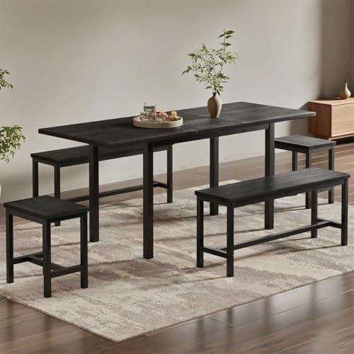 Faltbarer Esstisch Set mit 4 schwarzen Stühlen, ausziehbar 160/120x70x75cm, Sitzplatz 6 Personen, multifunktionales platzsparendes Design, perfekt für Esszimmer & Küche