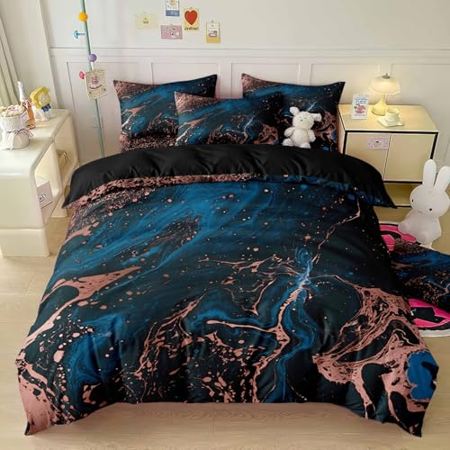Luowei Bettwäsche 135x200 cm 2tlg Marmor Dunkelgrün Schwarz, Mikrofaser | Oeko-TEX Atmungsaktiv Bettwäsche Set Modern Ästhetisches Design Bettbezug mit Reißverschluss und Kissenbezüge 80x80cm