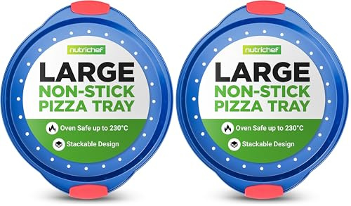Nutrichef Non-Stick Pizza Tray for Oven, 33cm Round Carbon Steel Baking Trays with Perforated Holes, Silicone Handles, Dishwasher Safe, Pizza Stone Alternative, Blue (Pack of 2)