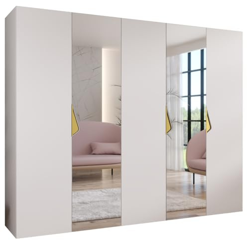 MEBLE KRYSPOL - Kleiderschrank - Garderobenschrank - 250 cm x 202 x 52 cm - Schrank mit Kleiderstange und Spiegel, 5 Türen - für Schlafzimmer, Flur - SANDI, Weiß, Griff Gold