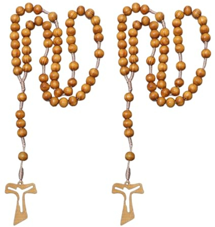 PBAHAUP Rosario Cattolico,Rosario in Legno con Croce Cattolica di San Benedetto, 2 Pezzi, Collana Rosario Completo con Crocifisso, Gioiello Religioso per Uomo e Donna, Ideale per Battesimo e Cresima