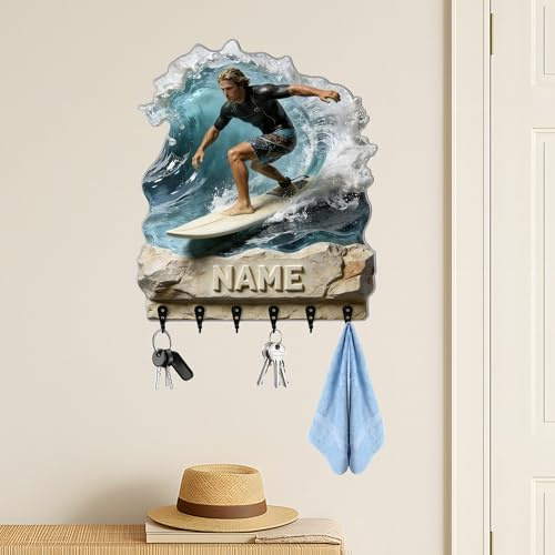 HCLRIU Porte-clés Mural Personnalisé avec Nom, Porte-clés Mural Thème Surf Personnalisé, Imprimé 2D en Acrylique, Cadeau Déco Pour Surfeurs, Studio de Surf, Amateurs de Surf