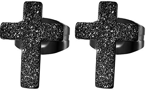 JewelryWe Schmuck Herren Damen Ohrstecker, Edelstahl sandgestrahlt Kreuz Ohrringe, Schwarz
