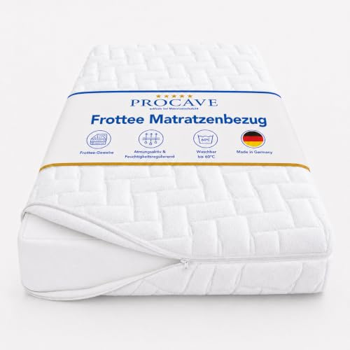 PROCAVE Frottee Matratzenbezug 90x200 cm, versteppt, mit Reißverschluss | 4-Seiten Reißverschluss, 4 Handgriffe, 100% aus Deutschland, für Matratzen-Höhe 24cm