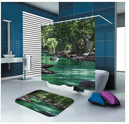 ANAZOZ Tenda Finestra Bagno a 165x180CM,Fiume nella Foresta Tenda Doccia Poliestre Verde,Tappeto Bagno Set Tenda