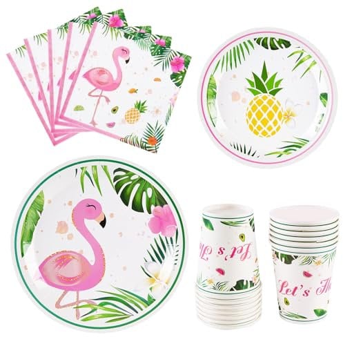 WERNNSAI Flamingo Party Zubehör - Tropische Luau Partydekorationen Geschirr Set Abendessen Dessert Teller Servietten und Tassen für Mädchen Kinder Geburtstag Babydusche 16 Gäste 64PCS