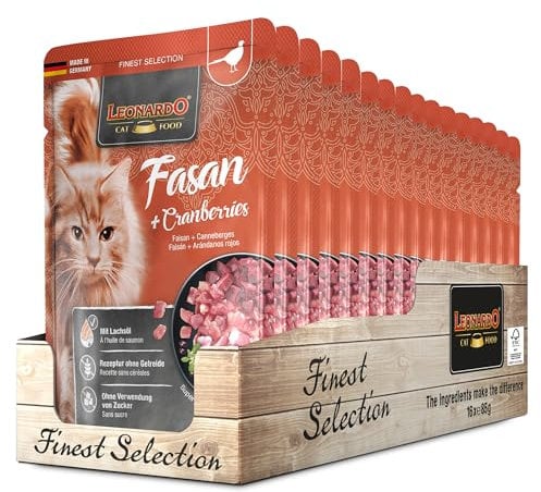 Leonardo Frischebeutel [16x85g Fasan + Cranberry] | Getreidefreies Nassfutter für Katzen | Feuchtfutter Alleinfutter im Einzelportionsbeutel