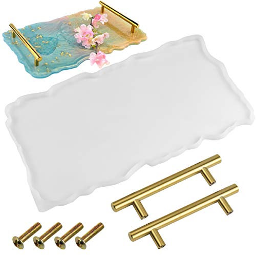 Silicone Resin Moulds Serving Tray Mold Geode Agate Mould with 1 Epoxy Resin Mould 2Pcs Gold Handles Large Resin Casting Moulds for DIY Craft Making Resin Fruit Tea Tray Serving Board
