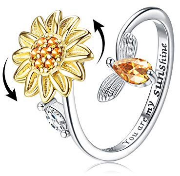 Jewenova S925 Sterling Silber Fidget Ringe für Frauen Verstellbarer offener Ring Zirkonia Sonnenblume You are My Sunshine Ring Spinner Geschenk für Valentinstag, Zirkonia, Silber, Zirkonia