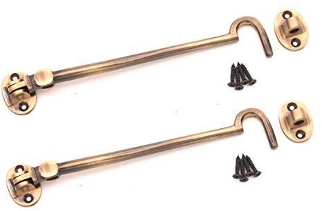 Pack of 2, 8 (200mm) Heavy Duty Brass Cabin Hook & Eye Silent Catch/Latch/Holder/Back Gate/Shed/Patio Door in Various Finishes (Antique)