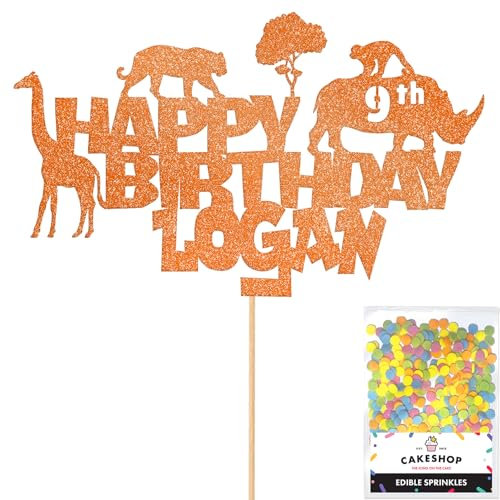 Personalised Jungle Animals Glitter Cake Topper- Orange Any Custom Age & Name Glitter Cake Decoration and Sprinkles - Happy Birthday Decorations - Personalised Toppers for Cakes by Cakeshop