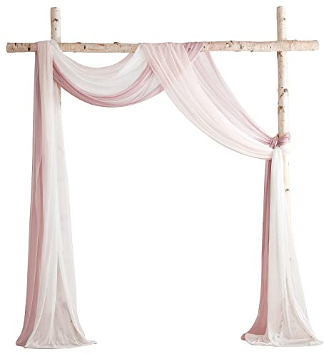 Floroom Vorhangstoff für Hochzeitsbögen, 3 Vorhänge, 6 m, Chiffon-Stoff, Drapierungen, Lauben, Vorhänge, Hochzeitszeremonie, Empfang, Girlande, Dekorationen, Altrosa + Rouge + Weiß