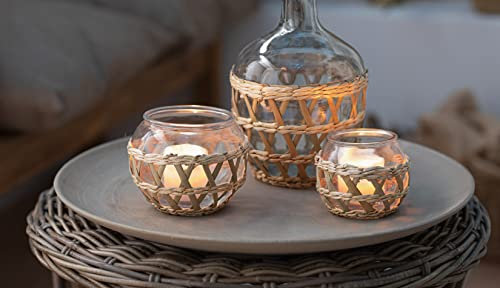 2X Windlicht Geflecht aus Glas, Kerzenglas mit Seegras-Geflecht, Teelichthalter, Kerzenhalter für Stumpenkerzen, Dekoglas, Tischdeko, Glas-Windlicht