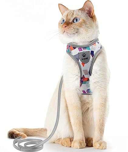 Supet Katzengeschirr und Leine Set Fluchtsicheres Kätzchengeschirr Verstellbares Katzenwestengeschirr mit Reflexstreifen Universelle Katzenleine und -Geschirr für Katzen/Welpen Grau S