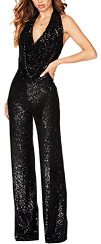 seiveini Overall Damen Elegant Jumpsuit Sexy Bodysuit mit Pailletten Schulterfreies Rückenfreies Playsuit Neckholder Butt Eng Einteiler Hohe Taille Club Kostüm E Schwarz L