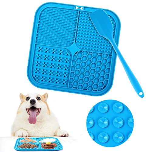 Romon Tapis de Lèche Chien, 20x20cm Tapis Lécher pour Chien avec Spatule Silicone, sans BPA Tapis de Lechage pour Chat avec Ventouse pour Bain, Entraînement, Toilettage (Bleu)