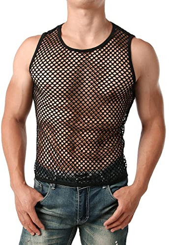 ROSVAJFY Hombres Camiseta sin Mangas de Rejilla Camiseta de Tirantes Malla Transpirable Tank Top Transparente Camiseta Interior Negro (L)