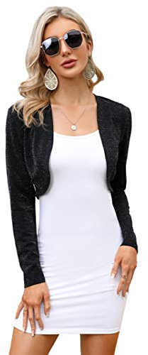 KOJOOIN Damen Bolero Festlich Pailletten Bolero Glitzer Strickjacke Elegant Kurz Cardigan Bolerojacke Langarm Open Front Shrug Cardigan Casual Top Schwaz M