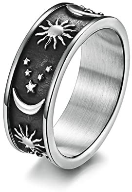 Bishilin Partnerring Herren Edelstahl, Herren Ring Personalisiert Sonne Mond Sterne 8MM Vintage Silber Ringe Freundschaftsring für Männer Jugend Große 49 (15.6)