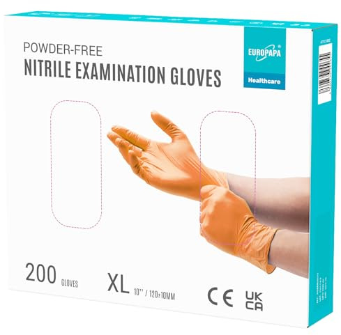 EUROPAPA® 200x Einweghandschuhe Nitrilhandschuhe puderfrei Untersuchungshandschuhe EN455 EN374 latexfrei Einmalhandschuhe Handschuhe in Gr. S, M, L & XL verfügbar (XL, Orange)