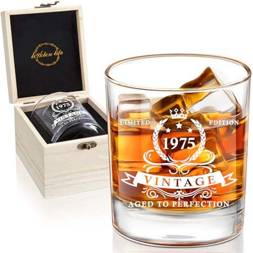 LIGHTEN LIFE Geschenke zum 50. Geburtstag für Männer 340ml,1975 Whiskyglas in wertvoller Holzbox,Bourbonglas zum 50. Geburtstag für 50-jährigen Vater, Ehemann,Freund,Geschenkideen zum 50. Geburtstag