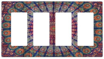 Böhmische blaue Mandala Holzoptik Quad Wippe/Decora Wandplatte 4-Gang Lichtschalter Steckdose Abdeckplatte Dekorative Steckdose Schaltplatte Elektrische GFCI-Frontplatte für Schlafzimmer Dekor