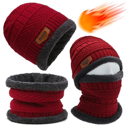 Atuoxing Winter Mütze Loop Schal Set für Herren Damen Warme Beanie Mütze Schlauchschal mit Fleece Gefütterte (Rot)