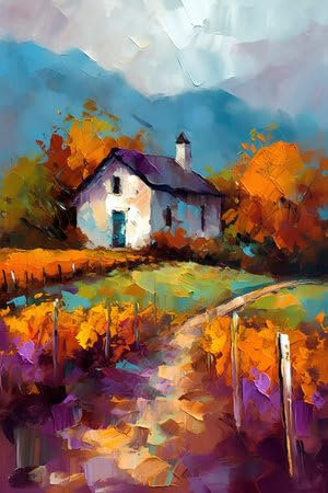 Acryl-Bild 30 x 50 cm: Ölgemälde-Stil eines Landhauses im Herbst. (212251341)
