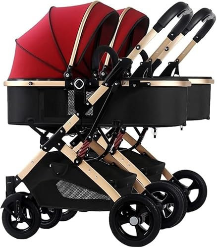 PEYNIR Tandem-Zwillingskinderwagen, Faltbar, Abnehmbar, Nebeneinander, Reiselkindwagen, 2 Kinder, Rot