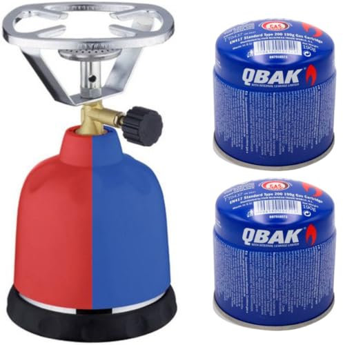 KROWN - Hornillo EXTRA Camping Gas Cocina Portátil + 2 Bombonas 190g para Acampada, Campo, Playa, Montaña, Quemador con Regulador de Gas Butano