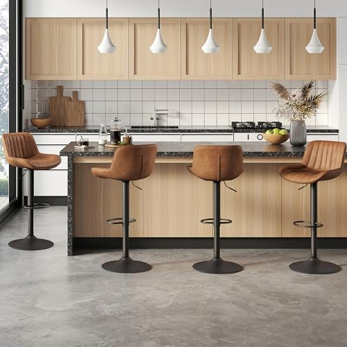 Zouron Barhocker 4er Set, höhenverstellbare Barstühle Küchenhocker Bistrohocker Tresenhocker mit PU-Bezug, 360° Drehstuhl, Rückenlehne und Fußstütze, belastbar 130 kg, Gelbbraun