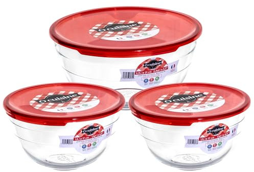 Ocuisine Ôcuisine® Glass Round Mixing Bowl Set with Red Lids | Extreme Resistance | Oven Safe - Freezer Safe - Microwave Safe | Borosilicate Glass | Made in France Prep & Store (Set of 3-2 x 1L & 2L)