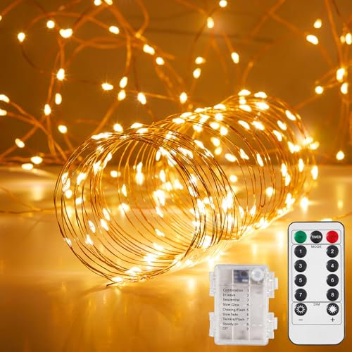 Ariceleo 65.6ft 200 LED Fairy Lights - 1 Pack, Waterproof, Warm White, Battery Operated String Lights with Remote, Timer,Twinkle, Flexible Copper Wire for Outdoor, Bedroom, Wedding, Christmas Décor