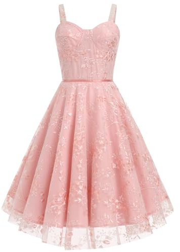 Odizli Robe rockabilly pour femme années 50 vintage élégante à bretelles spaghetti avec broderie florale en maille filet, Rose, L