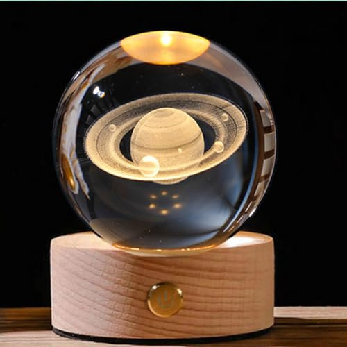 Fiorky Luz nocturna de bola de cristal 3D, lámpara de bola de cristal de galaxias de 8 cm con base de madera LED, luz de galaxia espacial de fantasía Lámparas de mesa de cristal táctil USB p