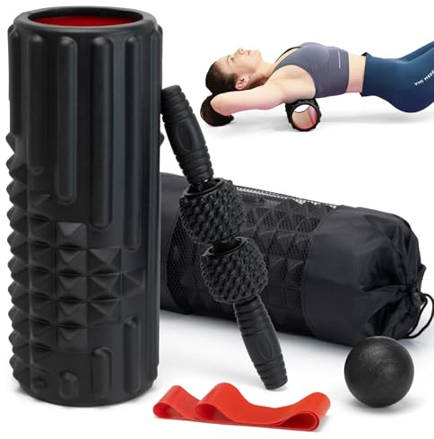 Zmarthumb 5 in 1 Foam Roller Set, Trigger Point Back Roller, Muscle Roller Stick, Massageball, Tragetasche, Massagerolle, Widerstandsband für Tiefengewebemassage (Schwarz)
