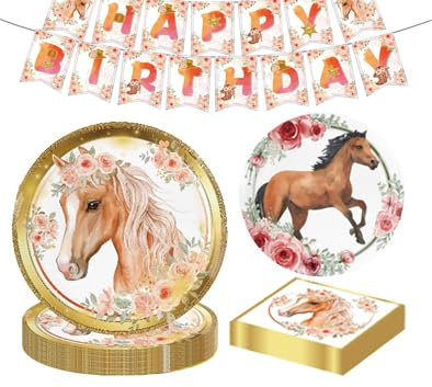 Horse Birthday Party Tableware Set for 10 Guests Horse Theme Party Decoration Supplies Include Paper Plates Napkins and Happy Birthday Banner (Yellow)