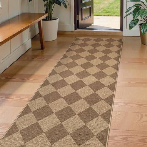 Lahome Karierter Teppichläufer für Flur, 2,4 m, rutschfest, waschbar, für den Eingangsbereich, Schachbrett, Natur, für drinnen und draußen, für Eingangsbereich