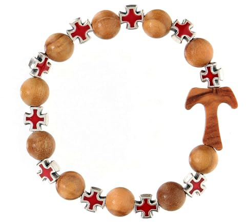 Holyart Bracciali rosario e bracciali con croce: Bracciale decina croci rosse tau grani 5 mm legno Assisi