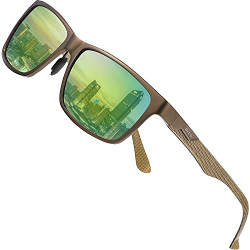 DUCO Herren Polarisierte Sonnenbrille mit Rechteckig Metallrahmen und Kohlefaser Brille Beine UV400 CAT 3 8206 (Gold Rahmen Gold Tempel Revo Grün Linse)
