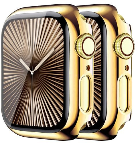 HANKN 2 Stück Hart Hülle für Apple Watch Series 11 10 46mm Temperierte Glas Schutzhülle, Plattiert Bildschirmschutz Gehäuse iWatch Eingebaut Displayschutzfolie - Gold + Gold, 46 mm