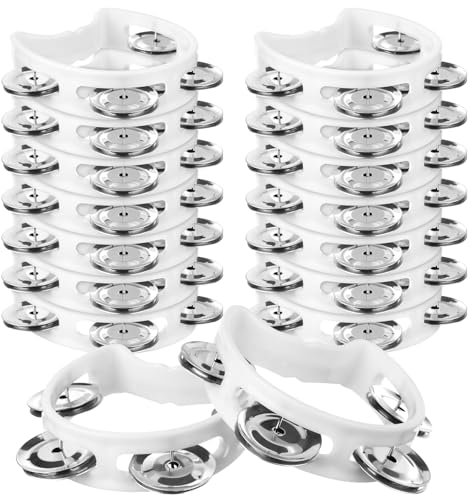 HAOWANWW 14 tamburelli a mezza luna in plastica bianca con campane per bambini, con 4 campane, strumento a percussione per adulti, bambini, musicisti, cantanti, bande, casa, scuola, feste
