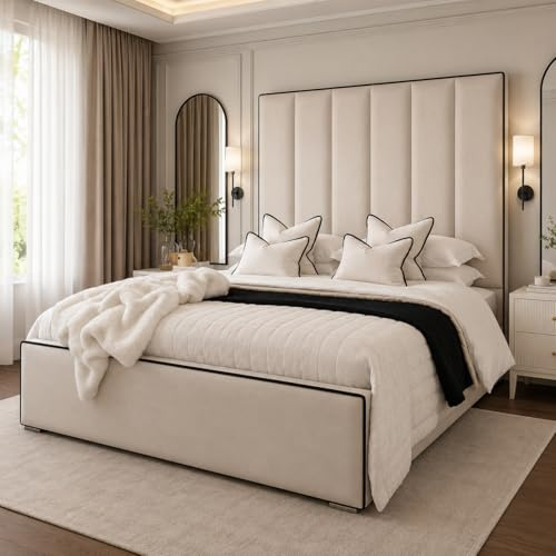 AL SULTAN King Size Bed Frame Hugo Luxury with Tall Panelled High Headboard & Contrast Piping – Modern Plush Velvet Upholstered Bed for Bedroom - Cream