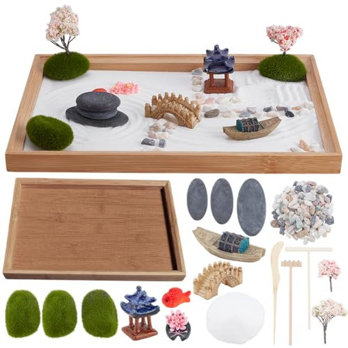 WEBEEDY Mini Zen Garden Sandbox DIY Miniature Zen Sand Garden Gift Set with Sand Rakes Rocks and Accessories for Home Office Relaxation Meditation Sand Craft Accessories,11x7.5 inch/28x19 cm