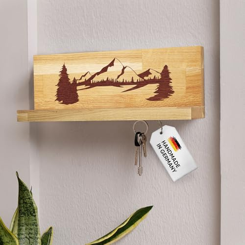 WALDMITTE Schlüsselbrett Holz mit Ablage-Brett - Handgemachtes Wand-Schlüsselboard mit starken Neodym-Magneten | Schlüsselhalter Flur, Schlüsselablage für Schlüssel Handy & Co. (Berge 16, Berge)