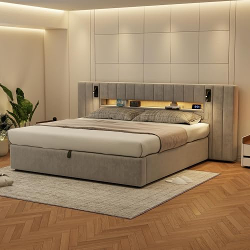 Moimhear Marco de cama con conexión USB, cama tapizada, cama doble, con iluminación LED, con lámpara de noche, con espacio de almacenamiento, sin colchón, terciopelo, gris (180 x 200 cm)