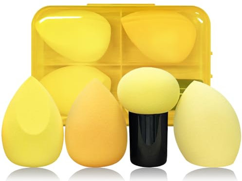 AmiCera Makeup Sponge, Blender 4 PCS Latex Free Beauty Makeup Blending Blender Foundation Concealer Sponge for Liquid, Powders, Creams, Water Droplets& Mushroom Shapes, Yellow
