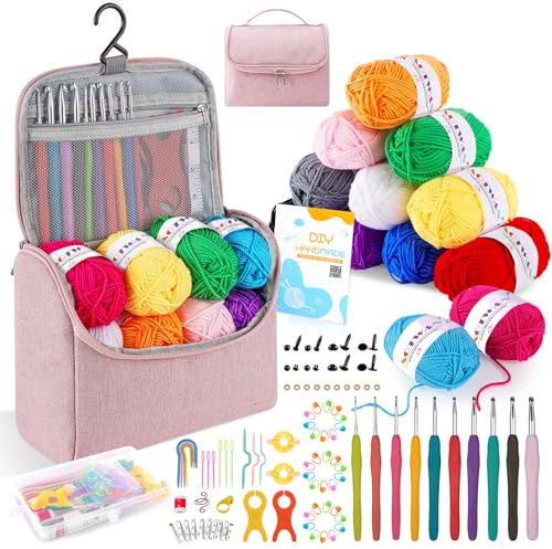 Häkelset für Anfänger Häkelnadel Set 12 Farben 25g Acryl Wolle 2,0-6,5 mm Ergonomische Metall Häkelnadeln Crochet Set Tragbar Tasche für DIY-Häkelprojekt-Rosa