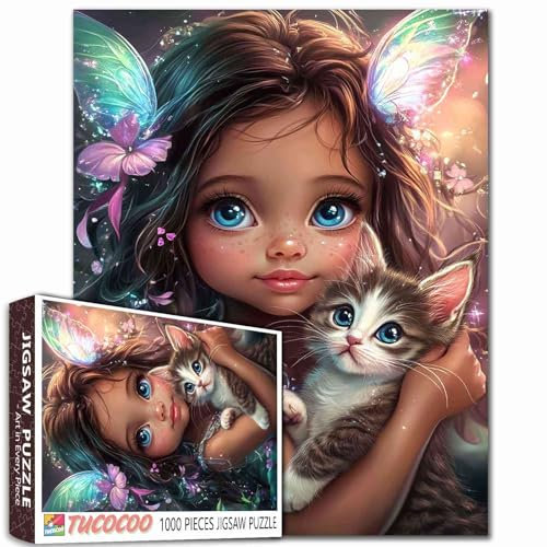 Little Fairy Girl Puzzle de 1 000 pièces pour adultes - Peinture de fille noire africaine - Puzzle animal chat - 1000 pièces - Décoration murale - Femme afro - Bricolage - Cadeau artistique (coloré)