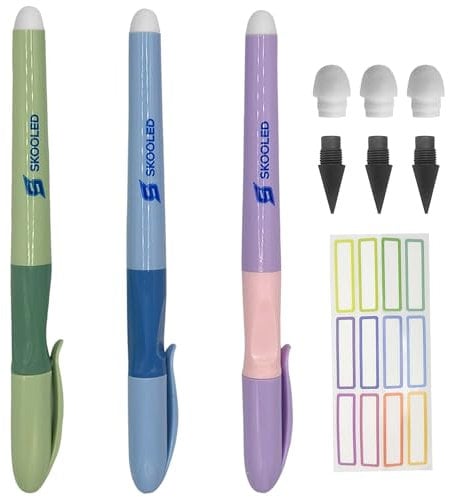 S Skooled Schreibheld – ergonomischer Ewiger Bleistift für Kinder (3er Set) – Nachhaltiger Zauberstift ohne Nachfüllen – Langlebig & Tintenlos – Ideal für Schule mit Ersatzminen & Radiergummi
